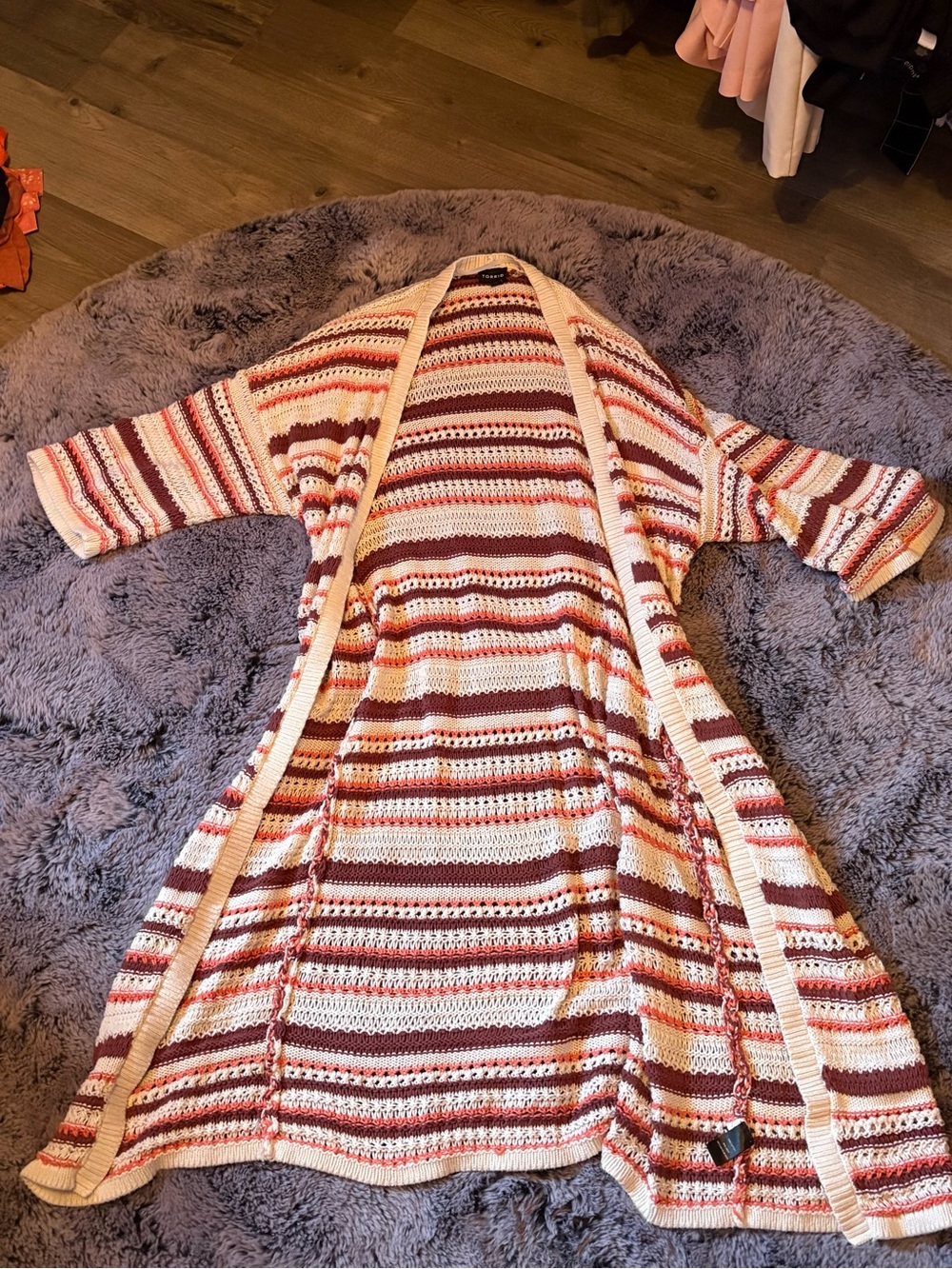 torrid Crochet Stripe Duster Cardigan in Cream, Rust & Burgundy